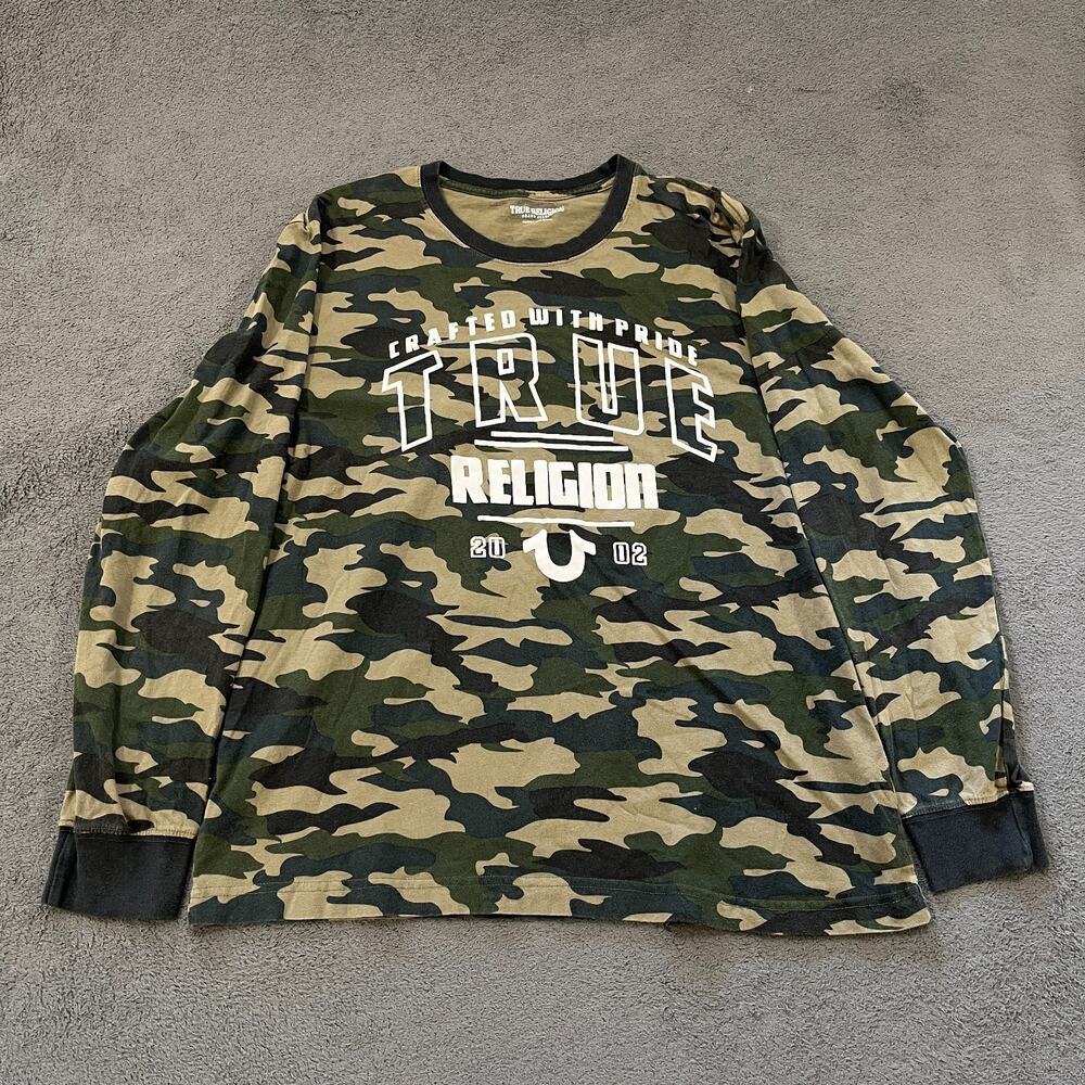 True Religion CWP Green Camo Long Sleeve Graphic Crew Neck T-Shirt Men's Size XL